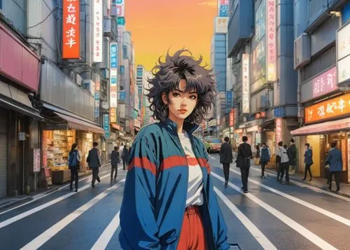 anime girl in the city, Tokyo street,a woman stands in front of the street as people walk by,anime japanese clothing,goemon,geiko,bunraku,kanda,akira