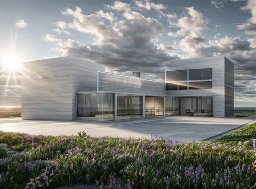 a large white modern house with a grassy area near it,modern architecture,render