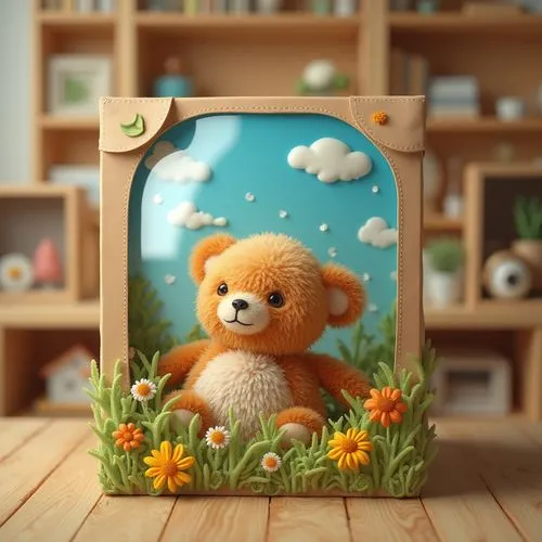 plush toy idea,a brown teddy bear inside of a small cardboard cut out,nursery decoration,teddy bear waiting,cute bear,kids illustration,springtime background,bear teddy,child's frame,flower background