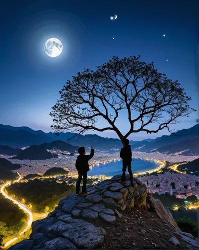 gfsqm, tree, scenery, mountain,silhouette,branch,moon, tree, 2boys, sky, multiple boys, full moon, cityscape, city, branch,best quality,masterpiece,realistic,,fantasy picture,photo manipulation,romant
