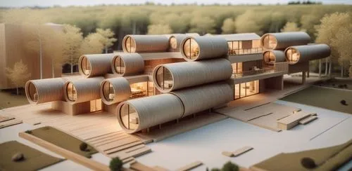 a computer generated rendering of a house with several round lights,pipelines,combined heat and power plant,pneumatic,propounds,prefabrication,heat pumps