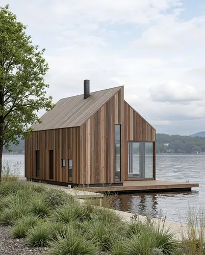 Modern rustic House By the Lake, Slender vertical wood cladding, Expansive glass panels, Seamless connection with nature, Subtle stone base, Neutral earthy tones, Minimalist landscaping, Lakeside sere