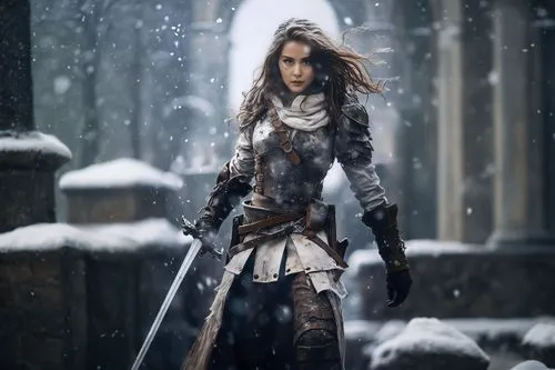 a woman in white and black clothes holding a sword,female warrior,warrior woman,huntress,shepherdess,the snow queen,lone warrior,squall,swath,suit of the snow maiden,fantasy warrior,fantasy picture,wa