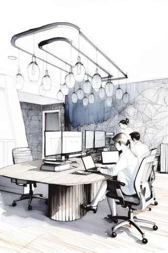 drawing of an office desk and woman on her computer,working space,blur office background,workstations,office desk,modern office,desks