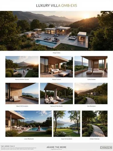 "Storyboard in a cinematic style for a luxury villa complex promotional video. Scene 1: Wide aerial shot of a stunning villa complex nestled in a scenic landscape (mountains, ocean, or forest), under 