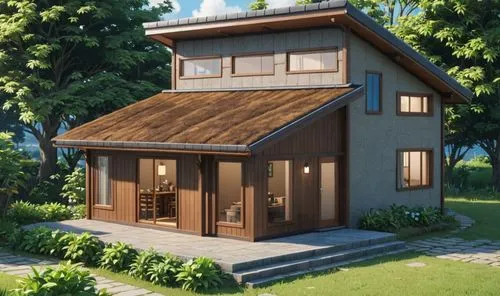 render this house using nippa hut material, keeping the same silouhuete and character lines, but use traditional natural materials,a rendering shows the inside of a cottage,wooden house,small cabin,sm