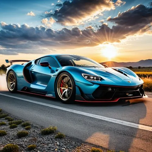 Envision a captivating visualization of your dream car, incorporating your automotive passion and unique design perspective.,a blue car driving down a curvy road with clouds and sun in the background,