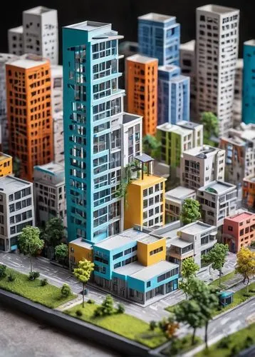 Architectural scale model, miniature cityscape, detailed buildings, skyscrapers, modern villas, residential houses, urban planning, precise proportion, 1,microdistrict,city blocks,micropolis,scampia,c