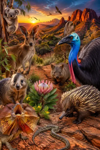 create an extraordinary, stunning random image with exotic animals from Australia
,wildlife with birds and kangaroos in an arid setting,thanksgiving background,tropical animals,cassowaries,marsupials,