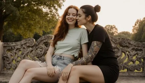 A realistic photograph of two women embracing tenderly on an ornately carved limestone bench in a park at golden hour, captured with a Sony A7 IV and an 85mm f/1.8 lens set to a wide aperture that ren