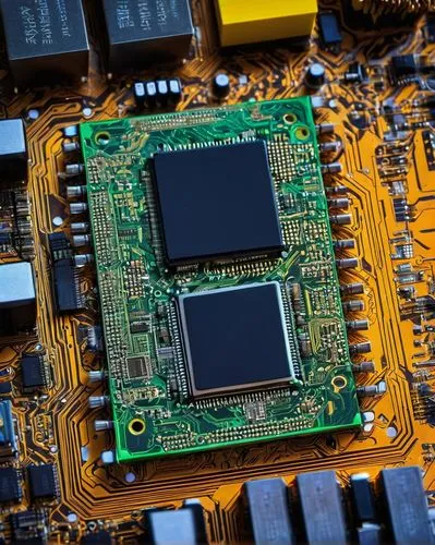 PCI Express system architecture, detailed circuitry, metallic components, wires, microchips, motherboard, CPU, GPU, RAM, silver heatsink, fans, high-tech laboratory background, fluorescent lighting, f