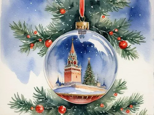 Watercolor drawing of the Spasskaya Tower in a transparent ball that hangs on a Christmas tree decorated with glowing garlands,an ornament shaped as christmas tree, with snow and a building in the cen