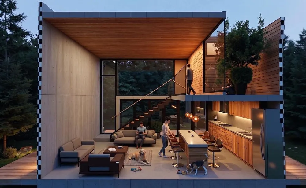 CORTE CASA FELIU- ARX RATIO . A living area of a house on stilts and the inside