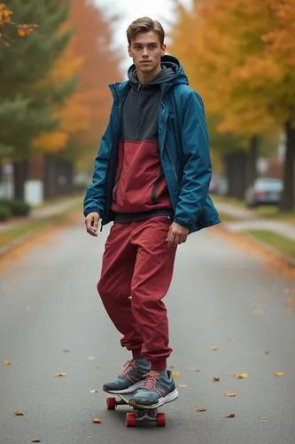 A sporty autumn look with a windbreaker, joggers, and colorful trail running shoes. He’s skateboarding down a quiet suburban street, giving a vibrant and active twist to fall style.


















