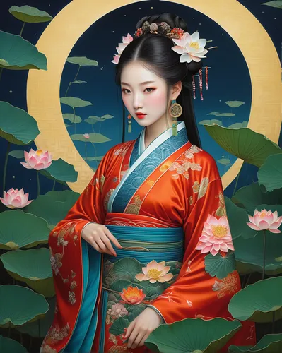 A beautiful and beautiful Chinese girl, Ancient Beauty Wearing Tang Dynasty Clothing, surrounded by enormous lotus leaves with intricate patterns, standing in front of a massive full moon with a soft 