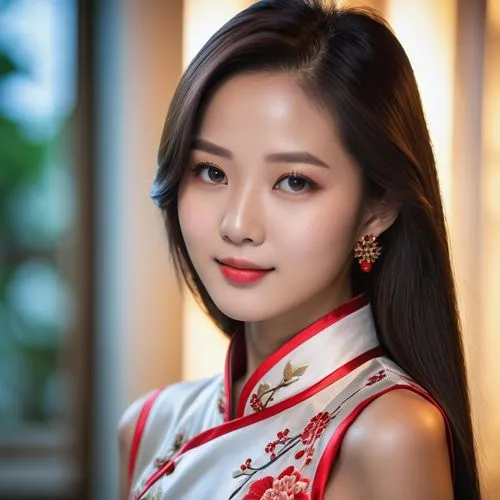 一个女孩
典雅古韵，长发飘逸，温柔笑容

旗袍装束，曼妙身姿，东方韵味

清新脱俗，淡雅妆容，秀外慧中

自然光下，肌肤如雪，柔和光影,a beautiful asian lady in a traditional dress,yangzi,qianfei,hanqiong,hyang,xiuqiong,qianwen,Photography,General,Realistic