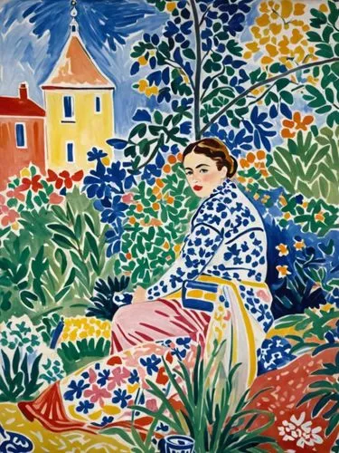 the painting depicts a woman in an outdoor garden,girl in the garden,fauvist,girl picking flowers,woman sitting,woman on bed,girl lying on the grass