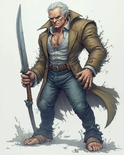 Horror protagonists ,a man with a long coat holding two giant sword,wolverine,male character,elderly man,grizzled,old man,bugbear,mercenary,frontiersman,game illustration,comic character,pensioner,gam