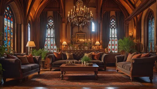 Gothic Interior Design, vaulted ceilings, stained glass windows, ornate woodwork,ornate room,hotel lobby,billiard room,the living room of a photographer,interior decor,interior design,luxury home inte