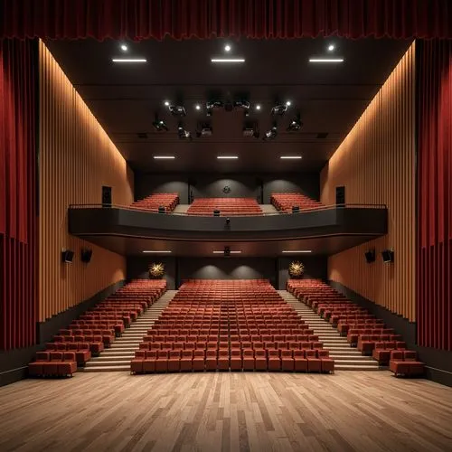 Streamlined auditorium, modern minimalist interior, sleek curved lines, polished wooden floors, silver metallic accents, comfortable cushioned seats, tiered seating arrangement, intimate performance s