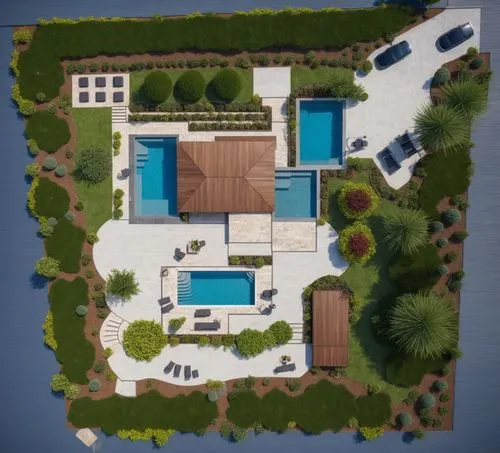 rooftop,a plan of a house with some swimming pool in it,pool house,overhead shot,roof top pool,outdoor pool,3d rendering,birdview