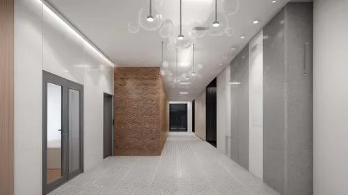 minimalist lobby, modern , concrete, terrazzo , glass cladding ,an empty long hallway with light fixture and floor,hallway space,hallway,corridors,walk-in closet,entryway,mudroom,corridor,hallways,3d 