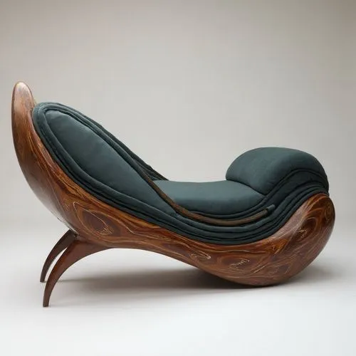 Chaise longue inspired by an ocean wave, with flowing wood carving in dark cherry, brass inlay following the foam lines, and a velvet cushion that blends into the curvature.,a modern looking wood chai