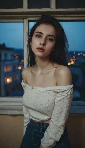 young woman, slim, cute, casual clothes, soft skin, naive, flat hair, night, old apartment, pale skin, busty, long hair, bare shoulders, large windows


,a woman is standing in front of a window,girl 
