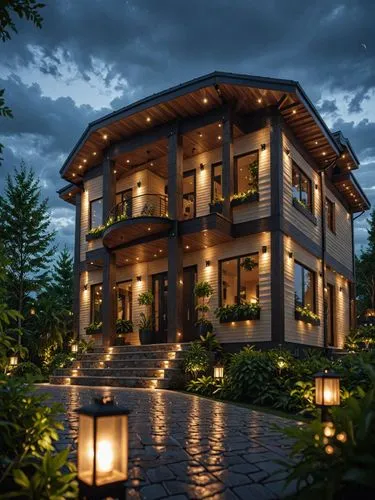 an image of a house that is lit up,beautiful home,luxury home,mansion,house in the mountains,luxury property,chalet,holiday villa,country estate,log home,large home,forest house,wooden house,house by 