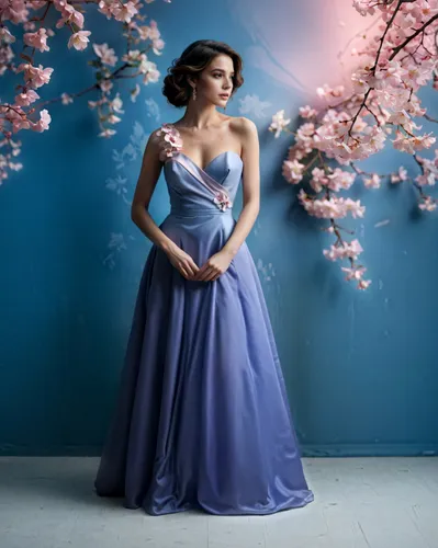 increase image quality and make the colors look more uniform on the dress and background,a young lady in a light blue ballgown,jasmine blue,a floor-length dress,blue rose,ball gown,evening dress,ballg