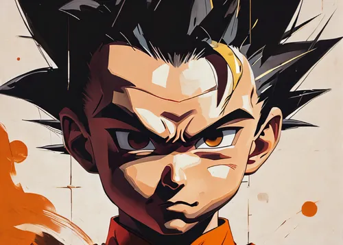 Son Goten in Dragon Ball, Traditional Chinese New Year paintings, looking at viewer, close-up, minimalist color field, minimalist abstraction style, symmetrical grid, plaster, realistic details ,veget