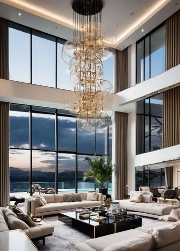 Modern luxurious villa, sleek lines, minimalist aesthetic, floor-to-ceiling windows, sliding glass doors, open-plan living area, high ceilings, marble flooring, contemporary chandelier, lavish interio