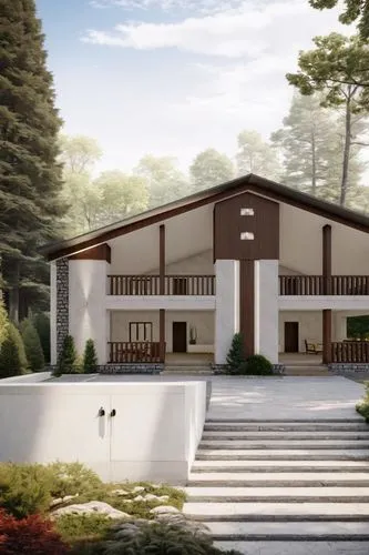realistic surroundings of the architecture of a residential building. Stone paths lead to the entrance to the house, coniferous trees in the background, plants, shrubs. Blue sky ,a building that is si