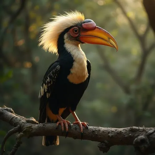 Close shot of a Great Hornbill (concave-casqued hornbill, great Indian hornbill) sits on a tree branch,the bird is perched on a nch outside,hornbill,malabar pied hornbill,lesser pied hornbill,oriental