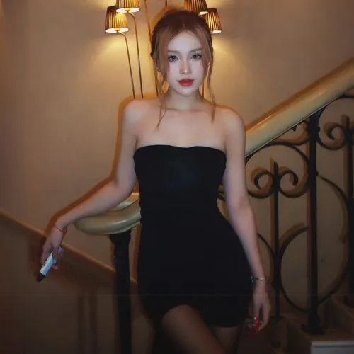 girl posing for a po on the stairs,in a black dress,black dress with a slit,black dress,lbd,dushevina,little black dress,maomao,joo,nana,yulia,chorkina,sarikaya,gala,elegant,nari,girl on the stairs,pa