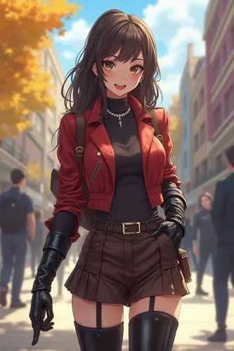"A detailed anime-style scene featuring a confident and stylish woman who adores wearing extravagant guanti and stivali. She is dressed in ultra-high leather wide boots and long, glossy leather gloves