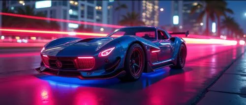 miami beach,cyberpunk car,a very nice looking sports car in the street,futuristic car,tron,outrun,corvette,car lights,light trail,electric sports car,futuristic,light trails,game car,fast car,concept 