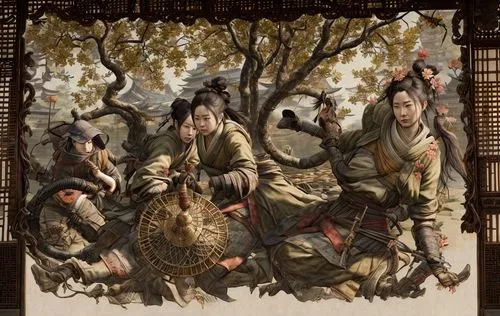 women in lotus pond street view ,oriental painting,yi sun sin,chinese art,shuanghuan noble,chinese screen,xing yi quan,hunting scene,tapestry,dongfang meiren,hwachae,korean history,goki,wuchang,tradit