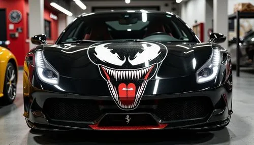 the face of a black sports car in a garage,bedevil,devil,bat smiley,sinister,black beetle,fangs,cobra,devilish,vampire,corvette stingray,corvette,devils,black dragon,batman,venomous,bat,roaring,snarly