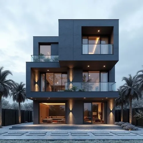 A contemporary, multi-story luxury residence showcasing a bold, geometric composition of stacked rectangular volumes in deep charcoal and slate hues. The façade features sleek glass railings, spacious
