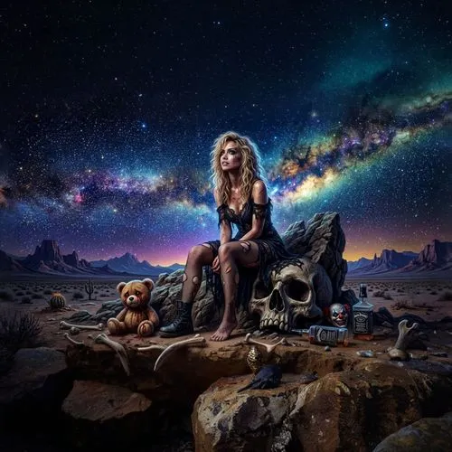 a girl sitting on a rock with her hands in her pockets,fantasy picture,photo manipulation,dazzler,star mother,girl with dog,nebula guardian,birds of prey-night,the stars,fantasy art,colorizing,sci fic
