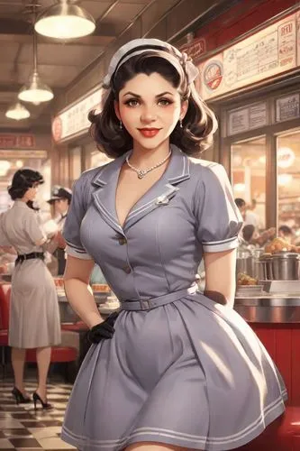 an animated image of a woman standing by some diners,retro diner,waitress,pauling,retro woman,retro women,retro girl