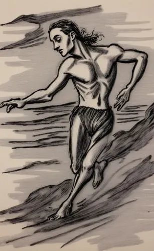 Rough, heavily pressed, bold black ballpoint pen sketch with thick, intense lines and strong strokes. Clean background.,the black and white drawing of a man running,female swimmer,surfer,water ski,swi
