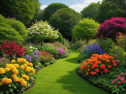 lush, colorful garden in the middle of a lush green field,beautiful garden flowers,flower garden,vegetables landscape,flower borders,splendor of flowers,flower border,flowerbeds,cottage garden,nature 