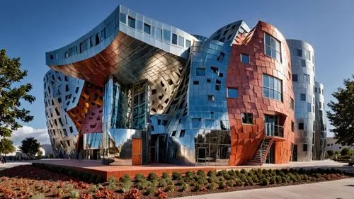 the side of a modern building with multiple color - coated panels,cube house,cubic house,futuristic architecture,modern architecture,building honeycomb,biotechnology research institute,cube stilt hous