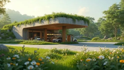 Integrating grassland into gas station design, modern futuristic architecture, green roof, solar panels, eco-friendly, sustainable energy, refueling area surrounded by lush greenery, wildflowers bloom