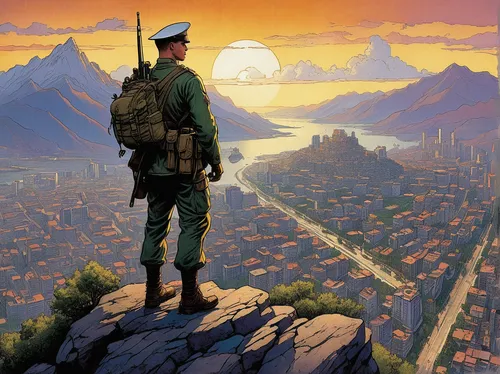 A photo of a US Marine standing on top of a mountain overlooking a city,french foreign legion,vietnam,anzac,bolivia,the wanderer,travel poster,lost in war,red army rifleman,soldier,sci fiction illustr