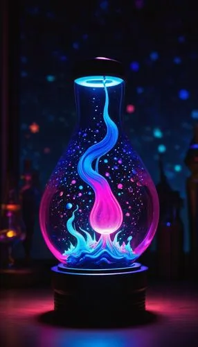 Cosmic lava lamp, glowing neon pink and blue liquids, swirling psychedelic patterns, mesmerizing 3D spherical shape, transparent glass container, metallic base with intricate circuitry design, dimly l