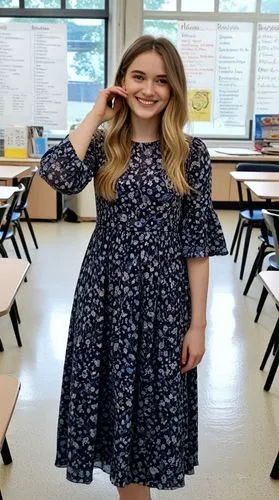 High quality photo, best face features: beautiful face, smart 23-year-old european female with a great satisfied smile, facing the camera and looking directly at it.,a woman wearing a blue dress stand