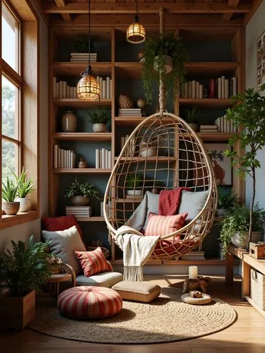 A bohemian-style reading nook. A cozy alcove filled with eclectic decor, featuring a large macramé hanging chair surrounded by an assortment of colorful throw pillows. The walls are lined with bookshe